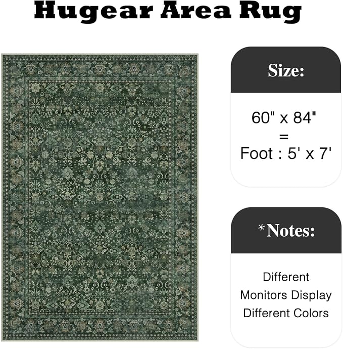 5x7 Dark Green Vintage Floral Washable Area Rug - Image 2