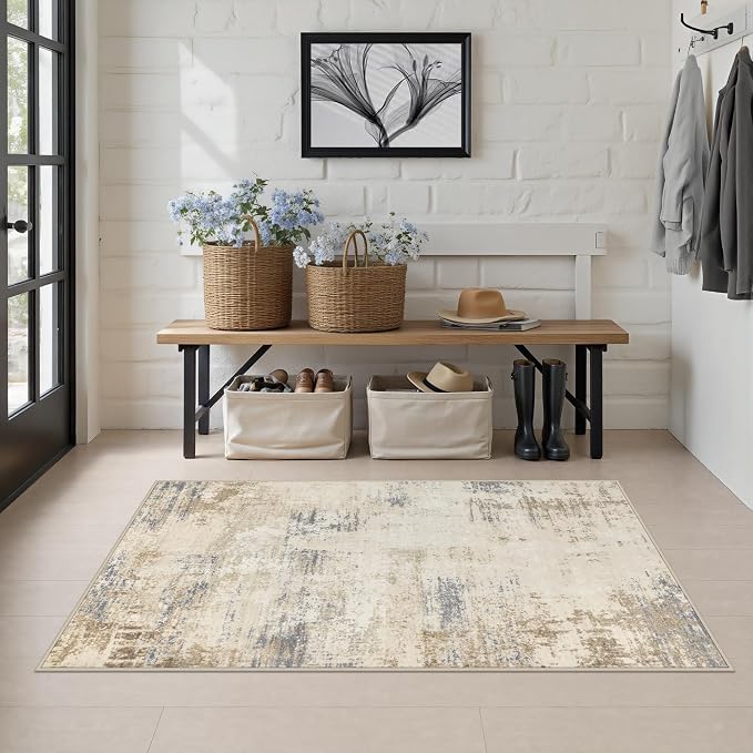 Area Rug Living Room: 3x5 Modern Washable Soft Carpet Beige Brown | - Image 3