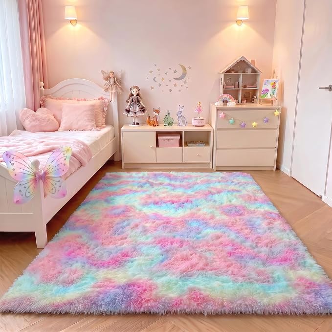 Rainbow Area Rugs for Girls Bedroom, 4x6 Fluffy Bedside Colorful Rug, Cute Soft by ONASAR