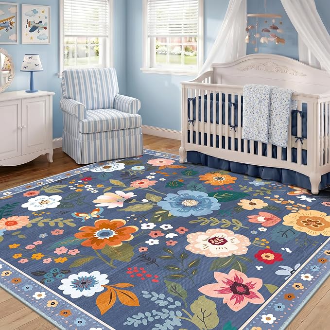 RELEANY Floral Washable Square 6ft Area Rug Blue/Grey | Flower Carpet Print - Image 6