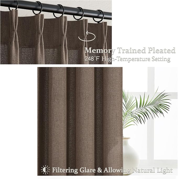 Dark Brown Pleated 90 Inch Bedroom Curtains 2 Panels Set, Memory Shape Pinch - Image 3