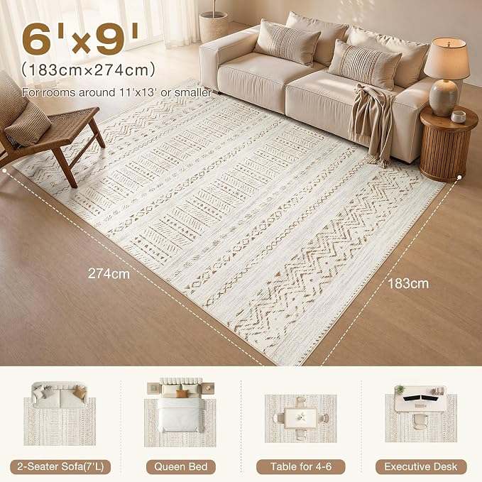 cotiled 6x9 Area Rugs for Living Room: Boho Washable Rug for Dining Room | - Image 2