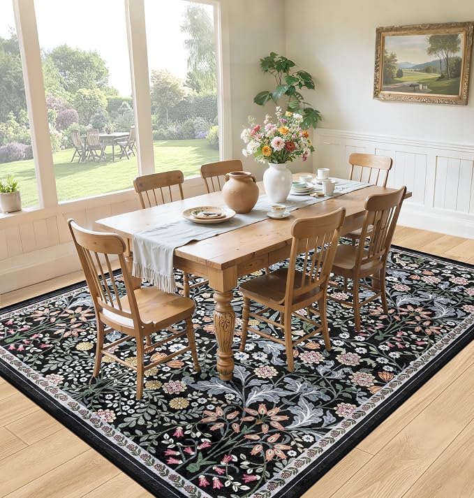 PLHXFR Area Rug 10x12 Living Room: Floral Washable Boho Carpet Dark Black | - Image 4
