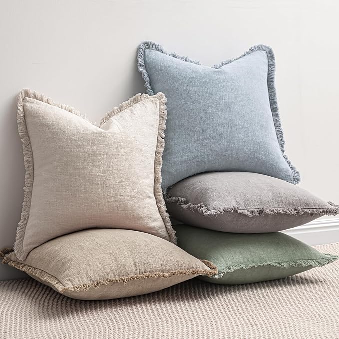 MIULEE Boho Linen Fringe Decorative Throw Pillow Covers Sky Blue 18x18 | Set of - Image 5