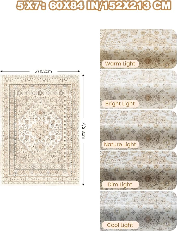 Area Rugs 5x7 Washable Rugs for Living Room, Cream/Beige | Area Rug for Bedroom - Image 2