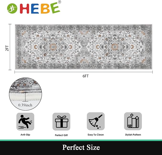HEBE Hallway Runner Rug 2'x6', Washable Non Slip Kitchen Rug Runner | Soft Boho - Image 2