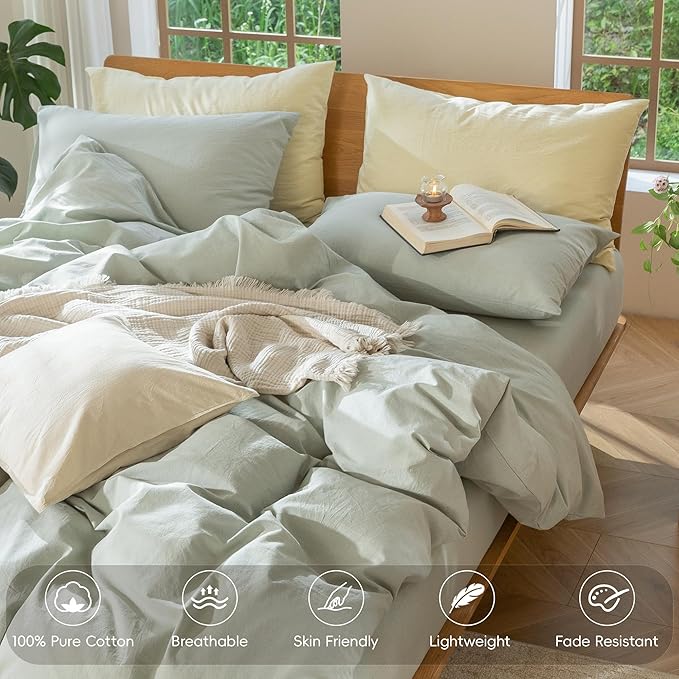 MooMee Bedding Duvet Cover Set 100% Washed Cotton Linen Like Textured Breathable Durable Soft Comfy (Heathered Sage Green, Super King 108"x98")