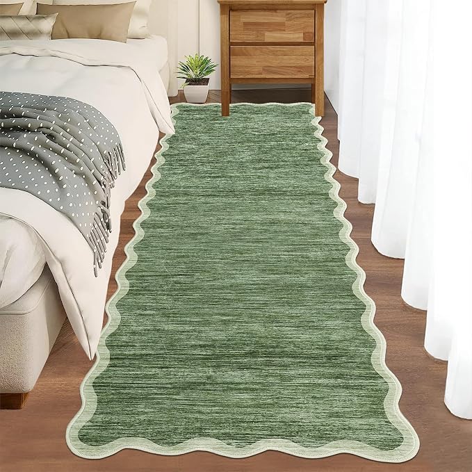 GarveeHome Scalloped Washable Runner Rug 2x6 Runner Abstract Modern Green | by GarveeHome