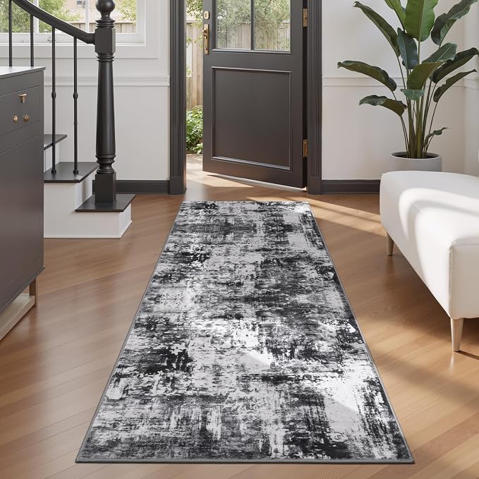 Rugflix 2x6 Runner Rug for Hallway, Washable Black Grey Kitchen Runners | by RugflixAreaRugs
