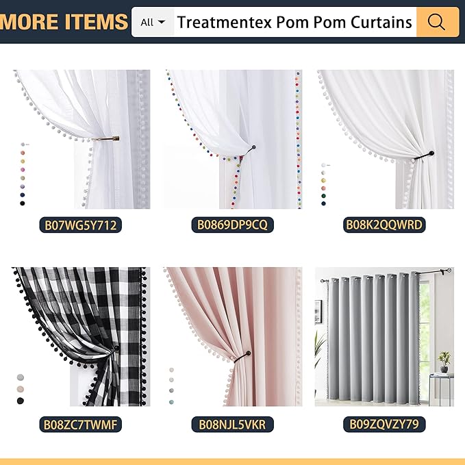 Treatmentex Pompom Sheer White Curtains for Living Room 84" Long Linen Textured Window Curtain Draperies for Bedroom 52" W, 1 Pair