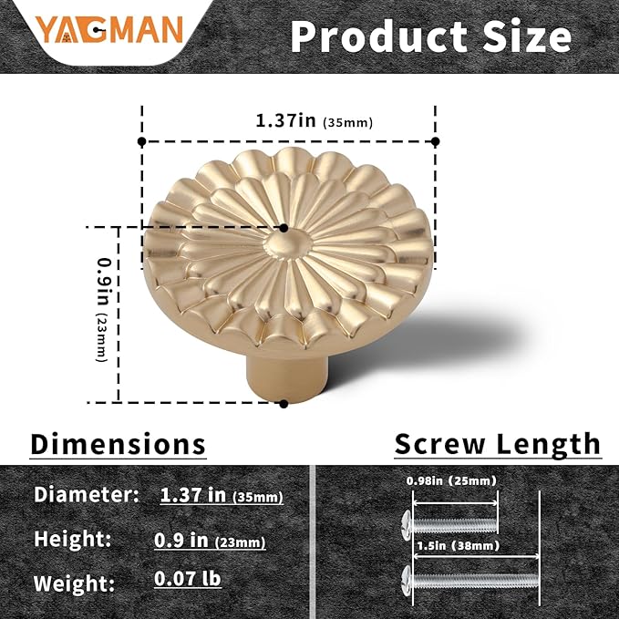 Champagne Bronze Cabinet Knobs 6 Pack Round Sunflower Dresser Drawer Hardware Furniture Cupboard Handles for Bathroom Single Hole Knob Kitchen SH-CB-K6