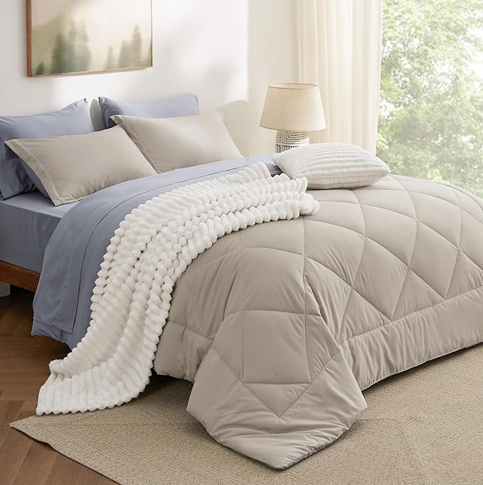 Bedsure Queen Comforter Set - 7 Pieces Reversible Beige Bedding, Queen Size Bed Set for All Seasons, Bed in a Bag with Down Alternative Comforter, Sheets, Pillowcases & Shams