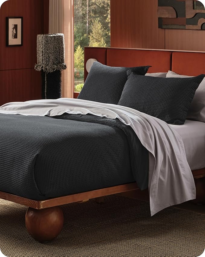 Bedsure Cotton Duvet Cover Set - 100% Cotton Waffle Weave Black Duvet Cover California King, GentleSoft™ and Breathable Cal King Bedding Set for All Season, 3 Pieces, 104"x98"