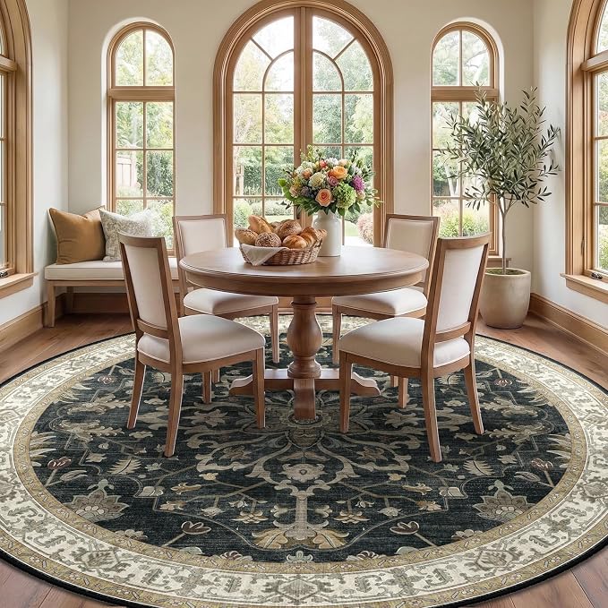 RELEANY Washable Area Rug, Round 8ft, Water Repellent, Pet Friendly, Vintage - Image 2