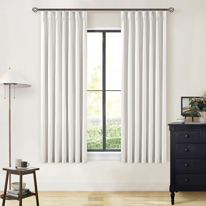 Beige White 63 Inch Length Blackout Pinch Pleated Linen Curtains - Image 7