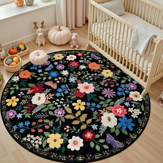 PLHXFR Round Area Rug Living Room: 6 ft Floral Washable Soft Carpet Black | - Image 5