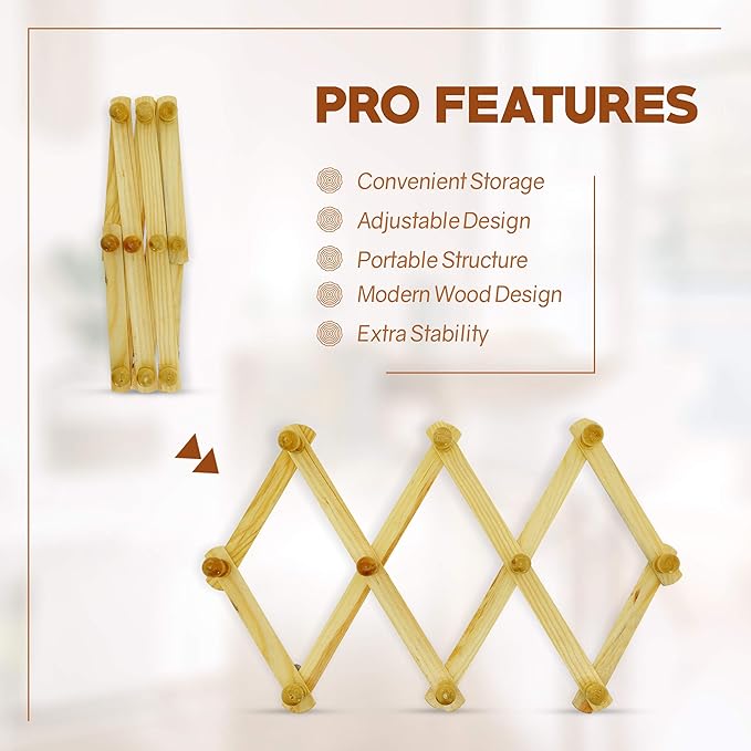 RAM-PRO Accordion Style Wood Expandable Rack Hat, Cap, Belt, Umbrella Coffee Mug Wall Wooden Pegs