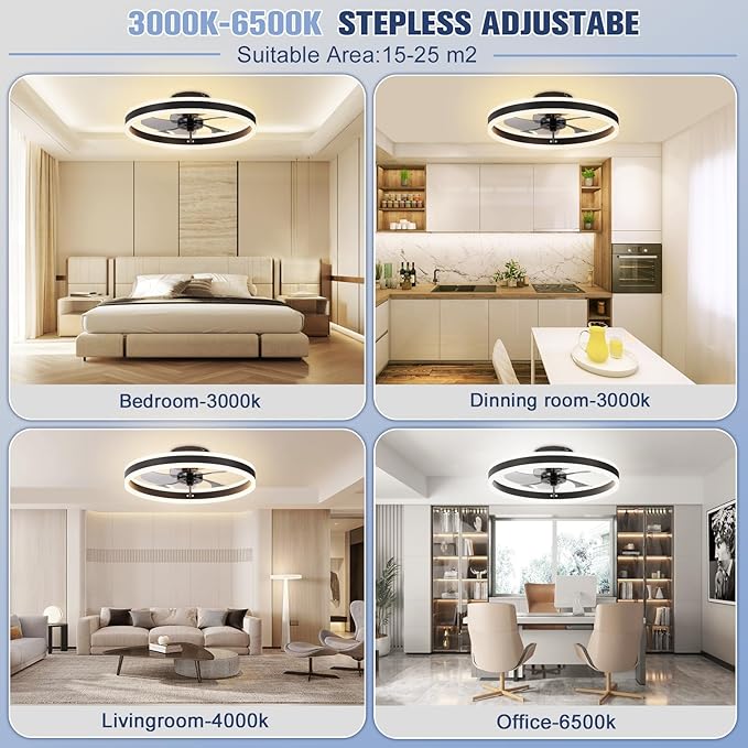 VOLISUN Low Profile Ceiling Fans with Lights and Remote, 19.7in Flush Mount Ceiling Fans with Light, 3000K-6500K Dimmable Fandelier LED Fan Light, Black Bladeless Ceiling Fans with Lights for Bedroom