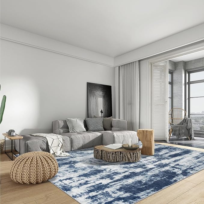 8x10 Area Rugs for Living Room: Washable Abstract Blue Grey Badroom Carpet | - Image 3