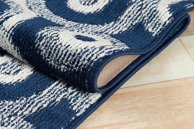 Custom Length Cut to Size Retro Modern Coastal Carpet Runner Rug for Hallways, Non Slip Rubber Backed, 31 inch Wide X Customized Length, Geo Blue, 31 inch X 13 feet