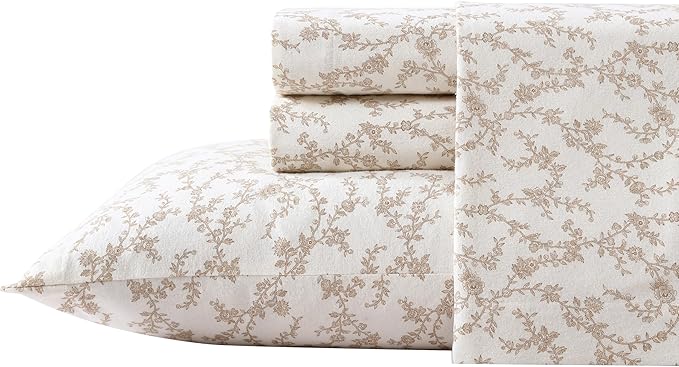 Laura Ashley - Flannel Sheets King Size, Anti-Pilling & Wrinkle Resistant Cotton, Touchably Soft for All-Season Comfort - Bed Sheets with Matching Pillowcases & Fitted Sheet (Victoria Beige)