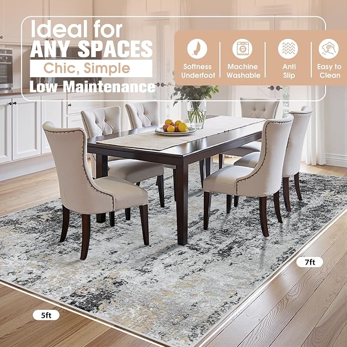5x7 Area Rugs for Living Room Washable Bedroom Dining Room Black Grey Gold | - Image 2