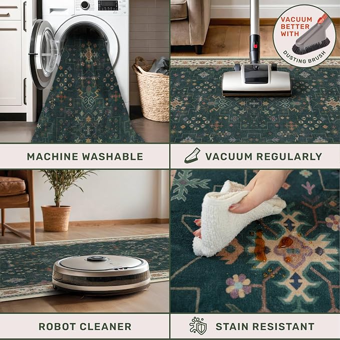 Dark Green Vintage 7x10 Washable Rugs - Image 5