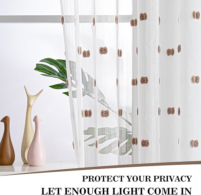 MYSKY HOME White Curtains for Bedroom 84 Inch Length Long Sheer Curtains for Living Room Nursery Curtains with Taupe Patched Design Rod Pocket Privacy Window Drapes Dining Room 52" x 84" 2 Panels