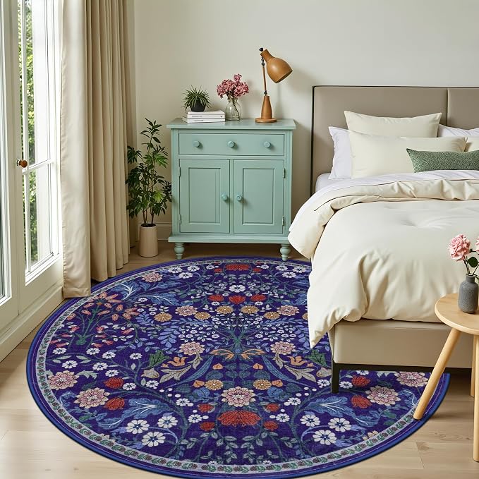 PLHXFR Round Area Rug Living Room: 8 ft Floral Washable Soft Carpet Blue | - Image 2