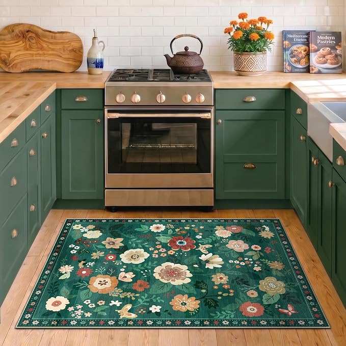 RELEANY Floral Washable 3x5 Area Rugs DarkGreen | Flower Carpet Print Boho Cute - Image 8