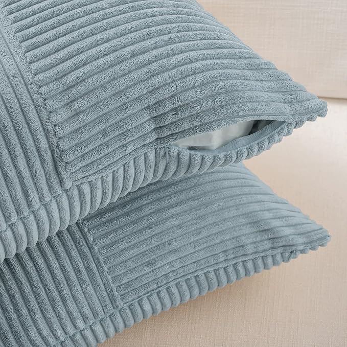 Fancy Homi Set of 2, Light Blue Patchwork Corduroy Decorative Soft Striped - Image 4