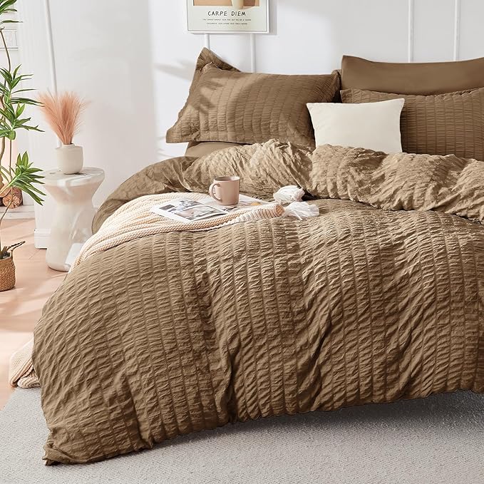 HYMOKEGE Brown King Size Comforter Set Seersucker 7 Pieces, All Season Luxury Bed in a Bag for Bedroom, Bedding Set with Comforter, Sheets, Pillowcases & Shams
