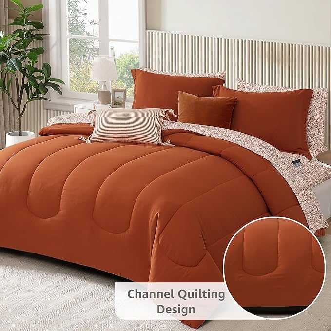 Monbix Full Comforter Set - 7 Pieces Burnt Orange Bed in a Bag Full Size Track Stitching Bedding Sets, All Seasons Down Alternative Comforter with Sheets,Pillowcases & Shams
