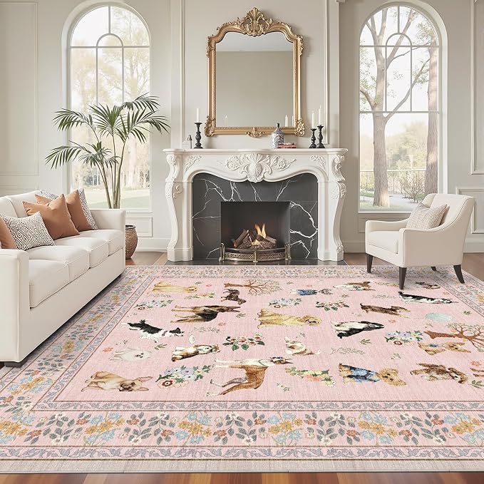 Pink Area Rug 9x12 for Living Room Bedroom | Low Pile; Non Slip;Machine - Image 3