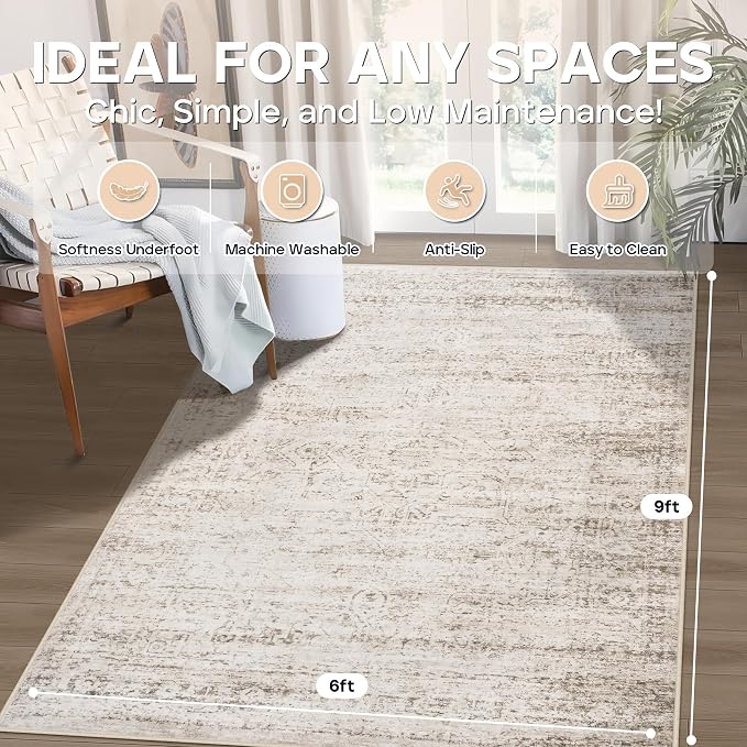 6x9 Area Rugs for Living Room Bedroom Dining Room Washable Beige Ivory | Soft - Image 2