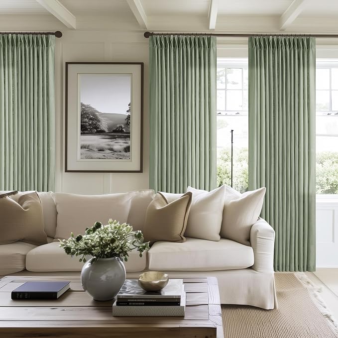 Sage Green Pinch Pleat Semi Sheer Linen Curtains 108 Inches Long 2 Panels | - Image 8