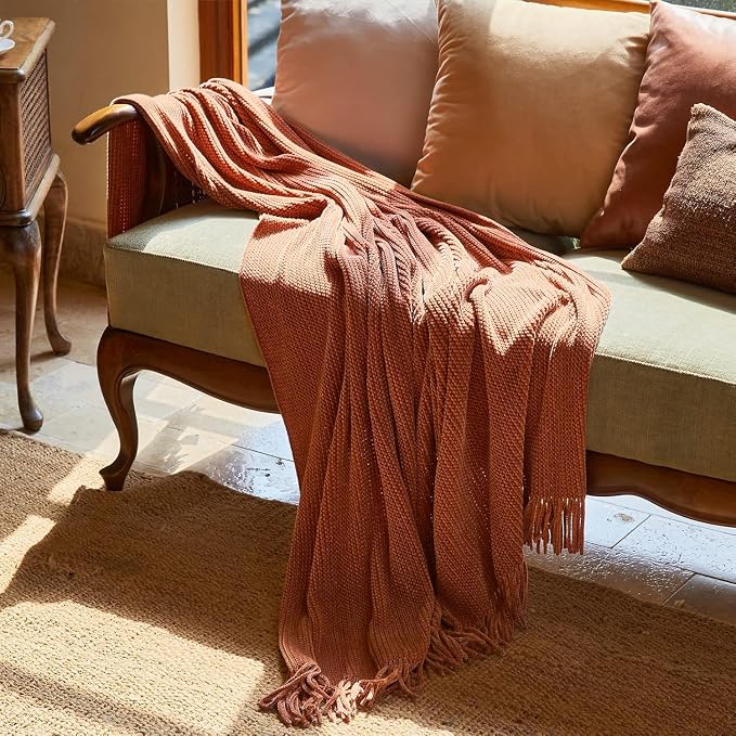 lifein Throw Blanket for Couch, Soft Boho Bed Throw, Cozy Burnt Orange Chenille - Image 8