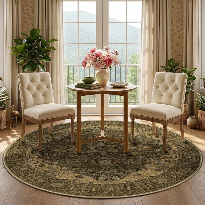 RELEANY Washable Area Rug, Round 5ft, Water Repellent, Pet Friendly, Vintage - Image 3
