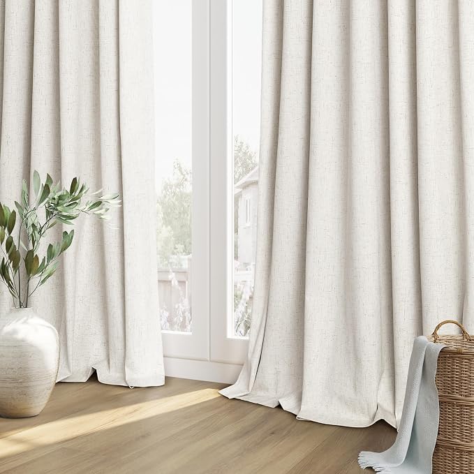 Beige White 100% Blackout Linen Curtains 126 Inch Length 2 Panels Set - Image 7