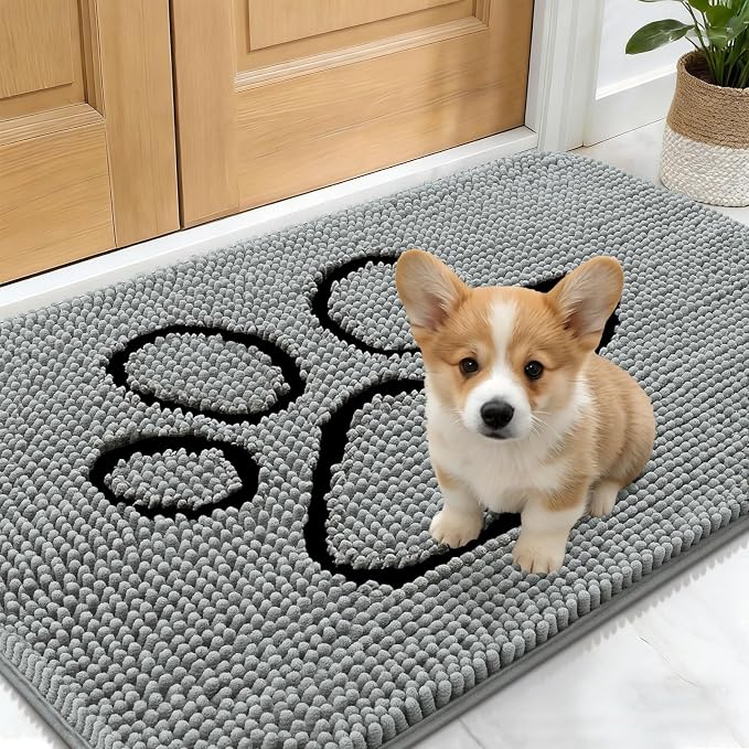 OLANLY Dog Door Mat for Muddy Paws 24x16, Paw Print Design Chenille Mud Mat | by OLANLY