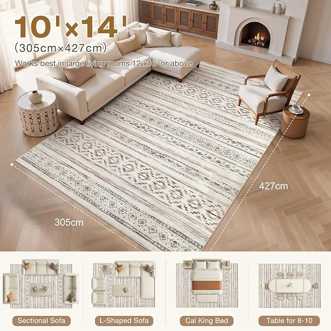 cotiled Boho 10x14 Area Rug for Living Room: Large Moroccan Washable Rug | - Image 8