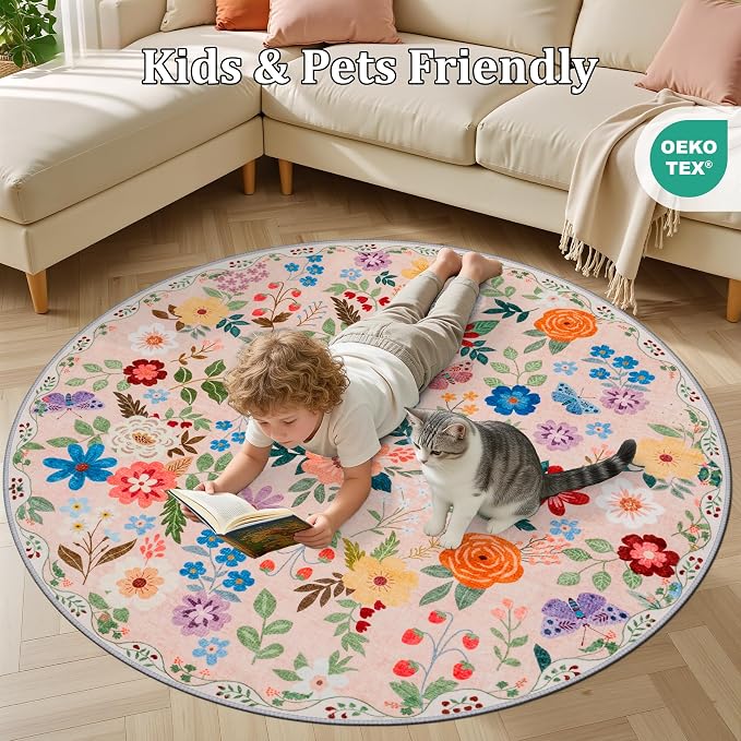 PLHXFR Round Area Rug Living Room: 4 ft Floral Washable Soft Carpet Beige | - Image 8