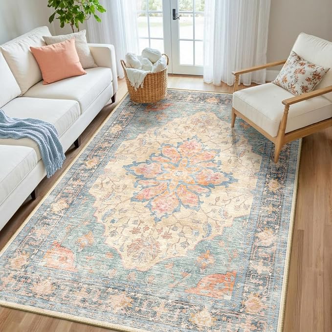 RELEANY Washable Area Rug, Water Repellent, Pet Friendly, Vintage Floral Boho by RELEANY