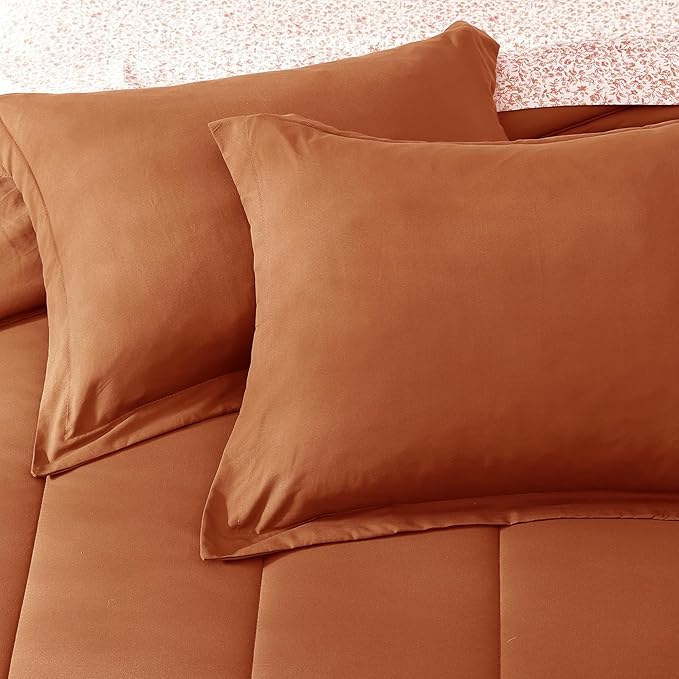 Monbix Full Comforter Set - 7 Pieces Burnt Orange Bed in a Bag Full Size Track Stitching Bedding Sets, All Seasons Down Alternative Comforter with Sheets,Pillowcases & Shams