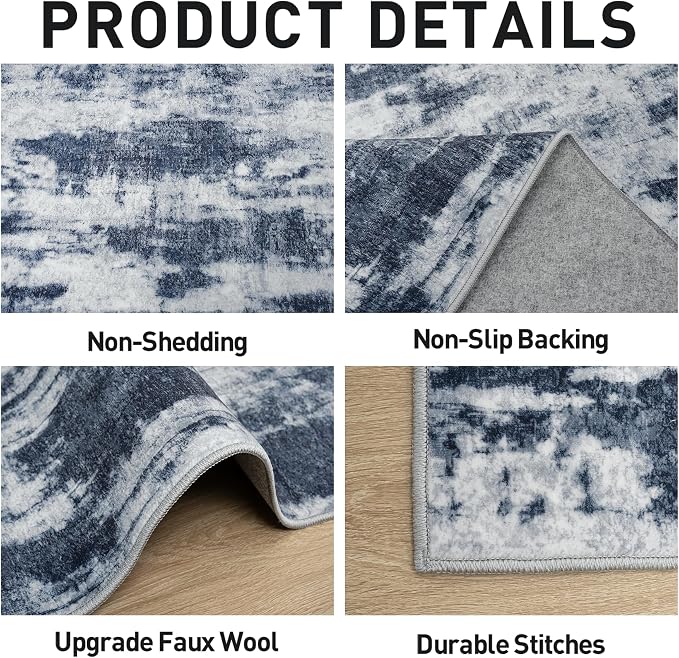 2'6''x8' Runner Rugs Washable Rug: Modern Abstract Hallway Blue Grey Carpet | - Image 5