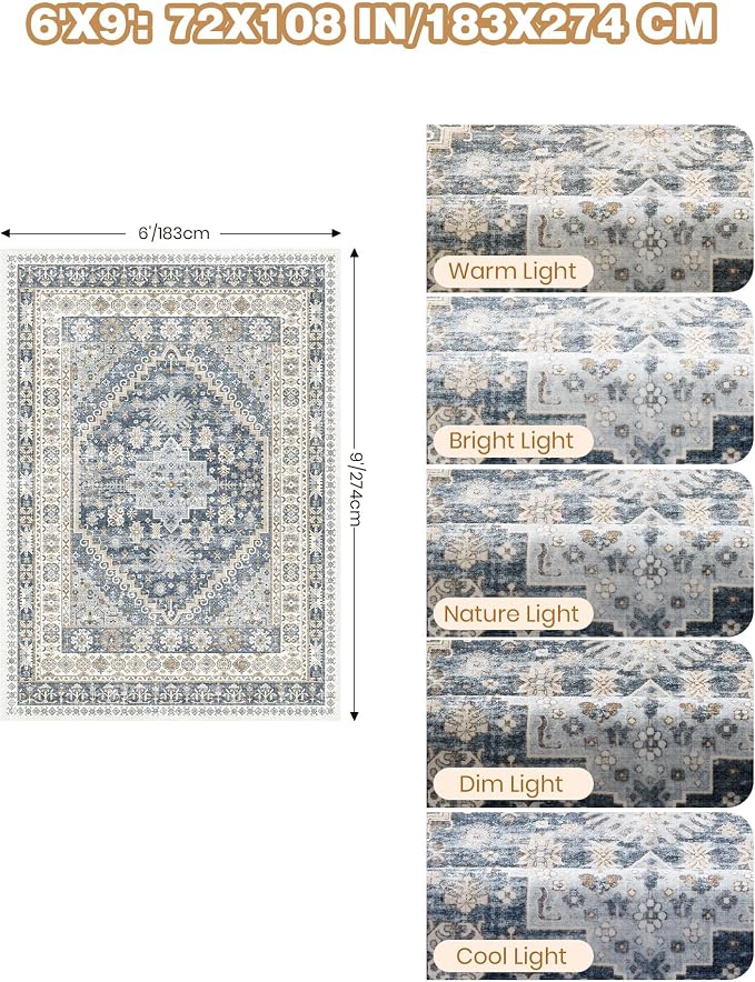 6x9 Area Rugs for Living Room Vintage Washable Rug, Non-Slip Backing Large Area - Image 2