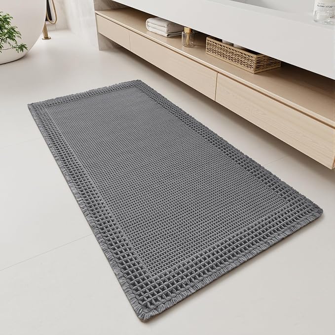 RESARE Waffle Bathroom Runner Rugs, Non Slip Boho Bath Mat 24x48 Dark Grey | by Resare