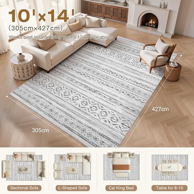 cotiled Boho 10x14 Area Rug for Living Room: Large Moroccan Washable Rug | - Image 8