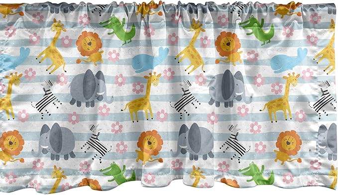 Ambesonne Savannah Window Valance, Friendly Zoo Animals with Happy Faces Cartoon Characters on Stripes Print, Curtain Valance for Kitchen Bedroom Decor with Rod Pocket, 42" x 18", Pale Azure Blue