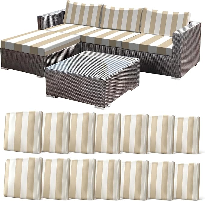 CALBODE 14 Pcs Outdoor Seat Cushion Covers, Striped Stretch Chair Seat Cover by CALBODE